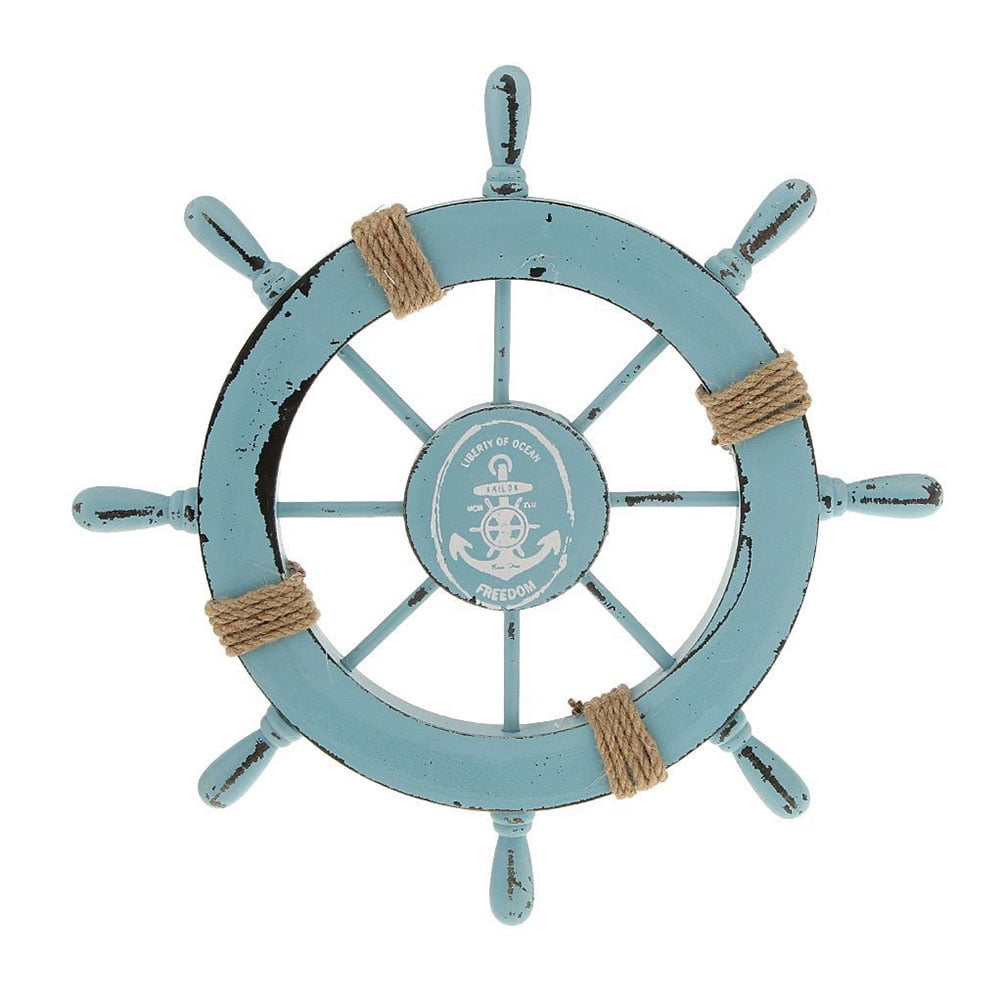 Nautical Beach Wooden Boat Ship Steering Wheel Home Wall Decor Light Blue 