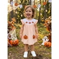 thumbnail image 3 of BemeyourBBs Todler Baby Girls Halloween Dress Outfit 12 18 24 Months 2 3 4 5 Years Cute Pumpkin Embroidery Smocked Fall Dress Fly Short Sleeve A-line Striped Dress, 3 of 9