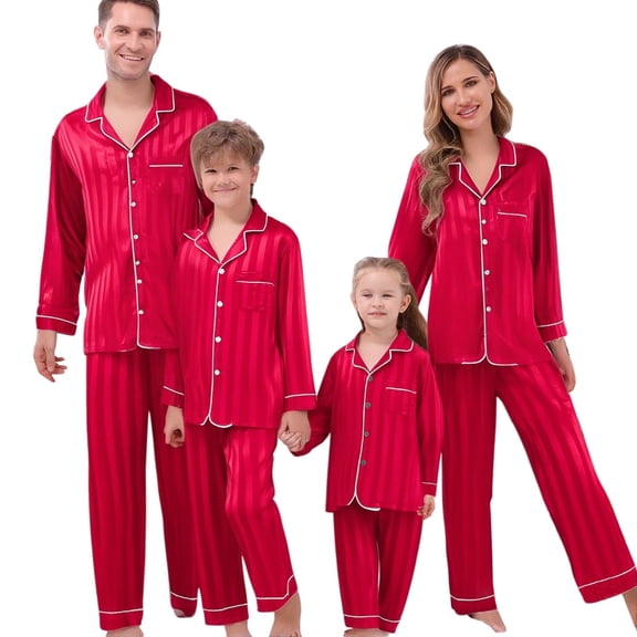 Matching Family Christmas Pajamas Silk Pjs Long Sleeve Button down Holiday Nightwear Top and Pants 2 Piece Set New Year Pajamas