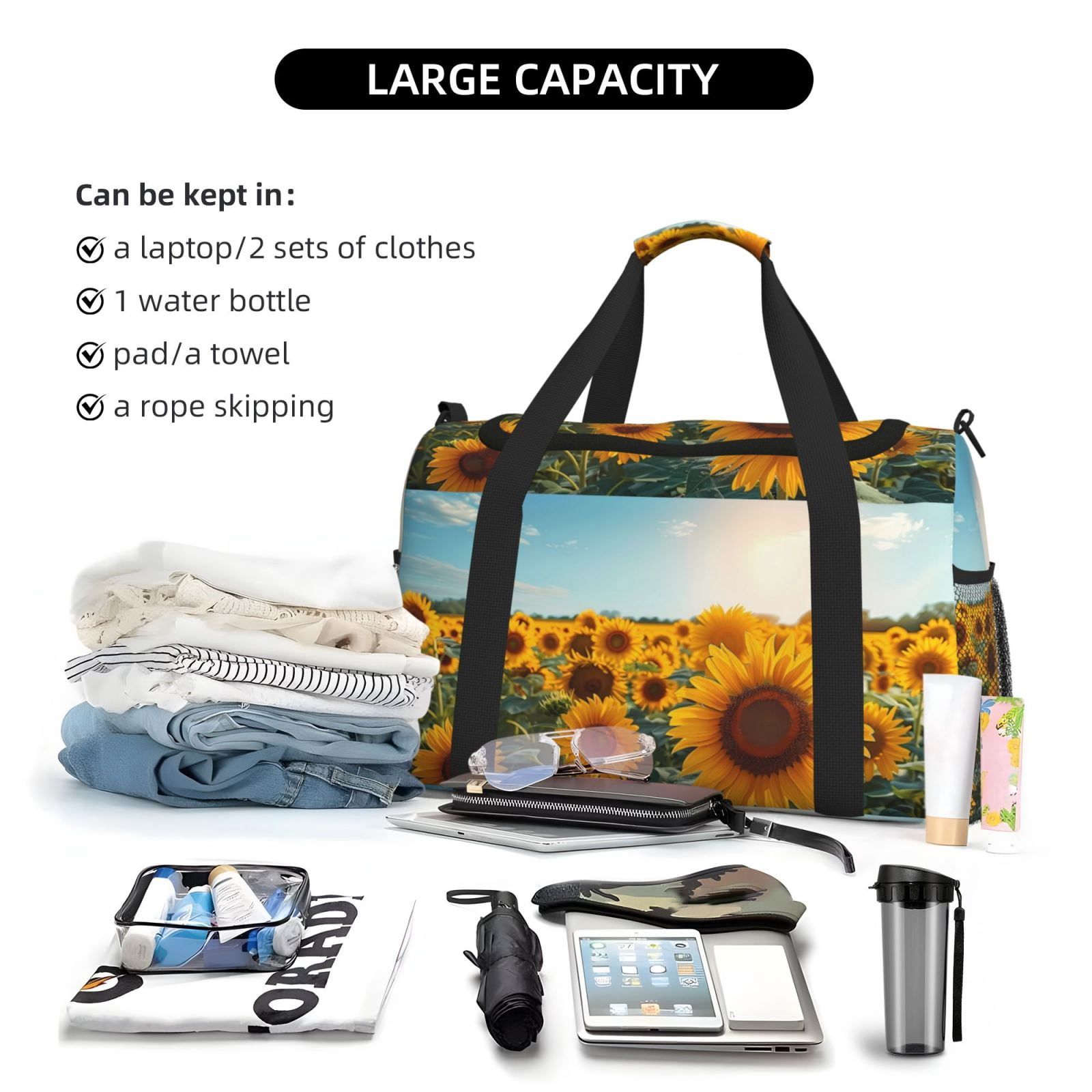 Fuzoiu Sunlit Sunflower Field Print Travel Duffle Bag,Carry On Tote Bags,Duffel Bag,Sport Gym Bag, Hospital Bag for Labor and Delivery, Overnight Bag,Luggage Bag
