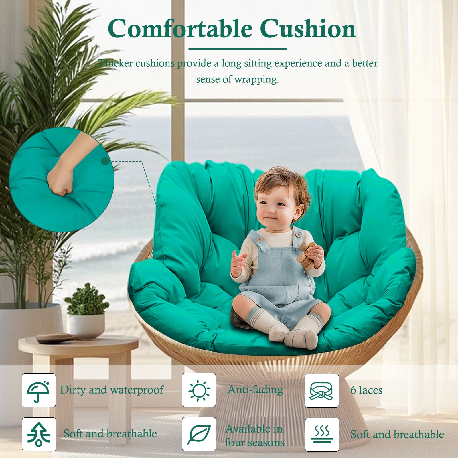 Egg Chair Cushion Replacement Waterproof – Outdoor Rocking Chair Cushions 6.3" Thick UV Resistant with 6 Straps for Patio, Balcony, Garden, Lake Blue