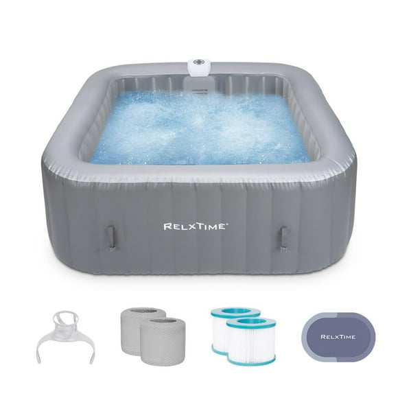 RELXTIME Spa Gonflable pour 4 à 6 Personnes 73 Pouces Carré d'Extérieur Portable pour la Maison avec 130 Jets d'Air Apaisants, Couvercle de Spa, 2 Cartouches de Filtre, Gris