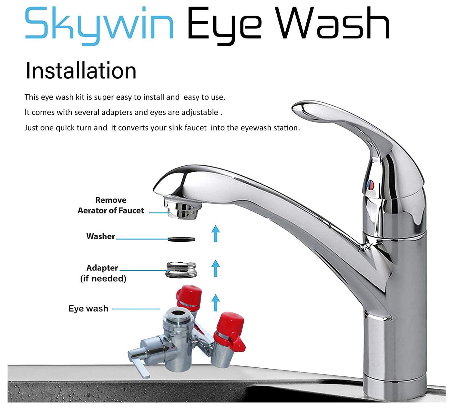 Skywin Eye Wash Kit - Faucet Mounted Emergency Eye Wash Station Sink Attachment - 1x Continuous Flow Eyewash Station,3X Sink Adapters,2X Inspection Tags,1x Emergency Eye Wash Station Sign (2Pack)