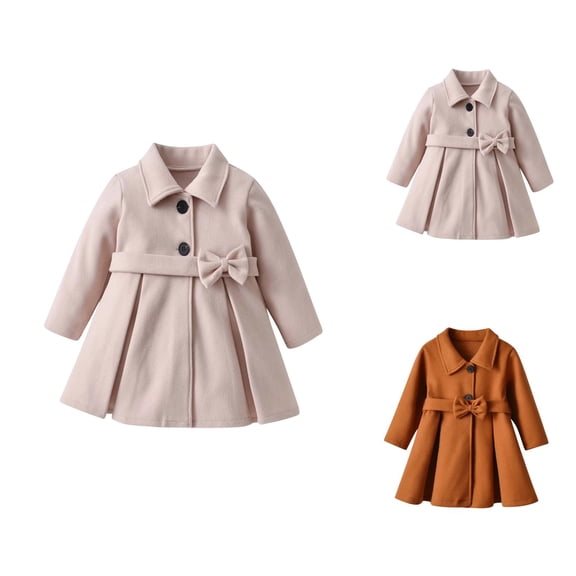 Girls Long Coat with Bow Detail, Thickened Warm Winter Jacket for Toddler Girls – Solid Color, Button-Front, Long Sleeve Outerwear for Fall & Winter