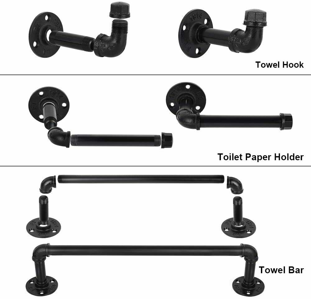 Set of 4 Industrial Pipe Bathroom Towel Holder Set Wall Mounted Bath