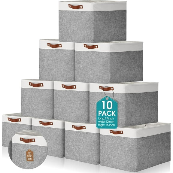 10 Pcs Collapsible Storage Bins Fabric Foldable Storage Basket with Handles Cloth Organizer Linen Shelf Baskets for Shelves Home Closet Nursery Toys(12 x 12 x 12 Inch,Beige and White)