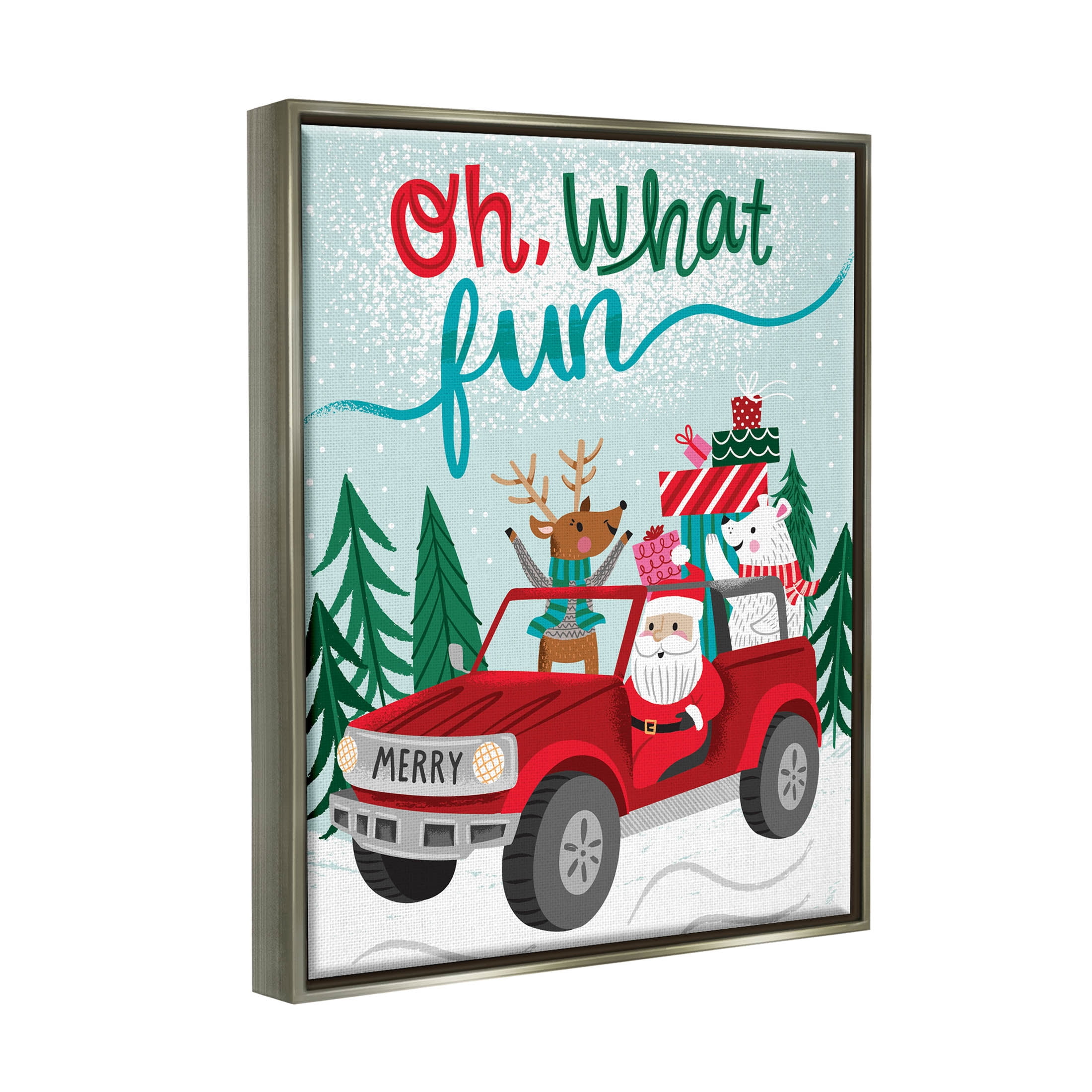 Oh What Fun Santa Driving Gifts Holiday Graphic Art Luster Gray Framed Art Print Wall Art