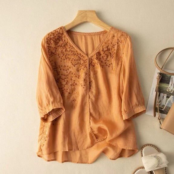 ClodeEU Women's Vintage Embroidered Lace Trim Elbow Sleeve Crop Top,Loose Fit Casual Blouse Orange,Womens Plus XXL