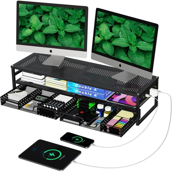ANHXN monitor stand riser, suitable for computer office desktop manager of monitors, with drawer storage and reusable zip ties, suitable for printers and televisions