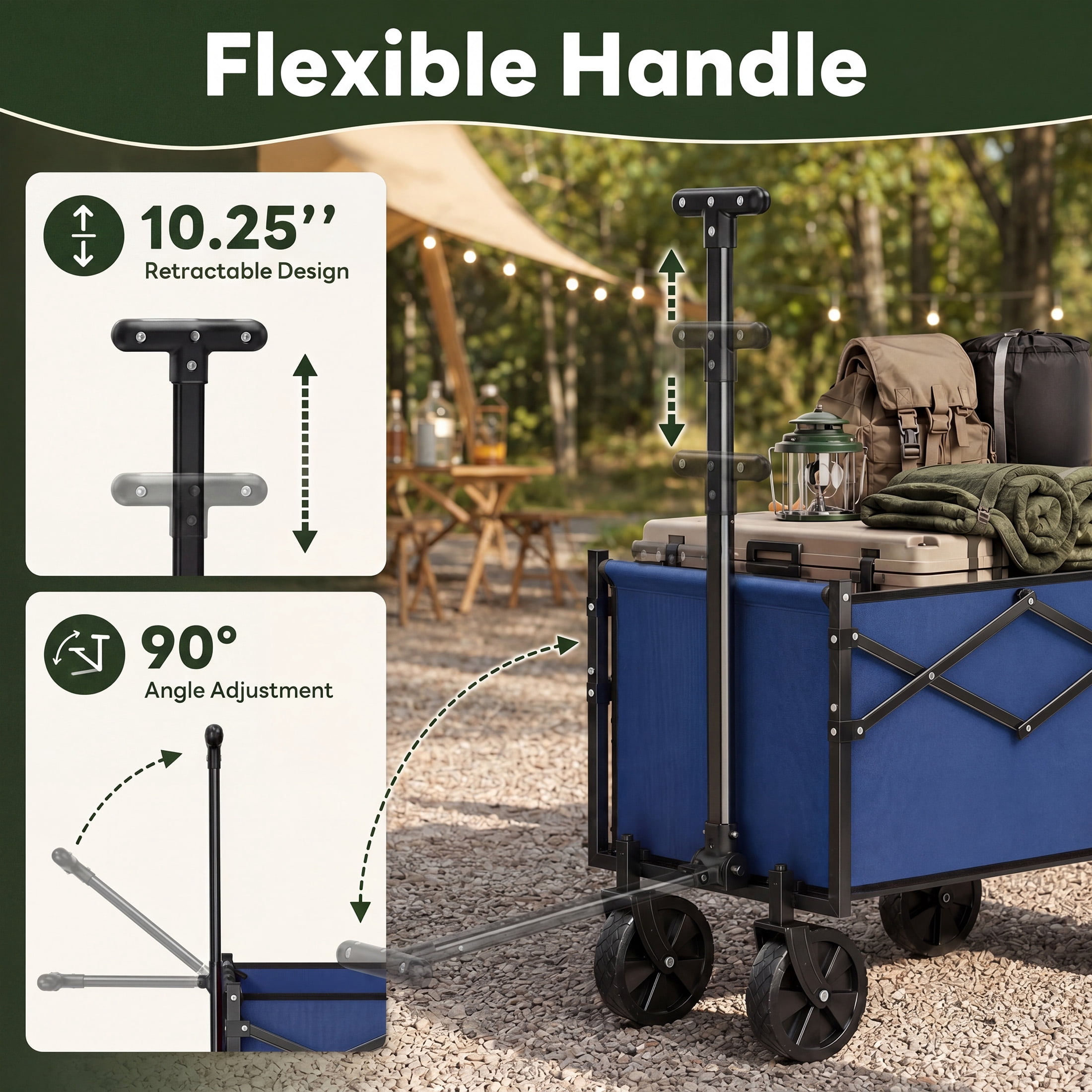 SHOUFTW Folding Wagon Cart, 220 lb Capacity Collapsible Utility Wagon with All-Terrain Wheels & Adjustable Handle, Blue