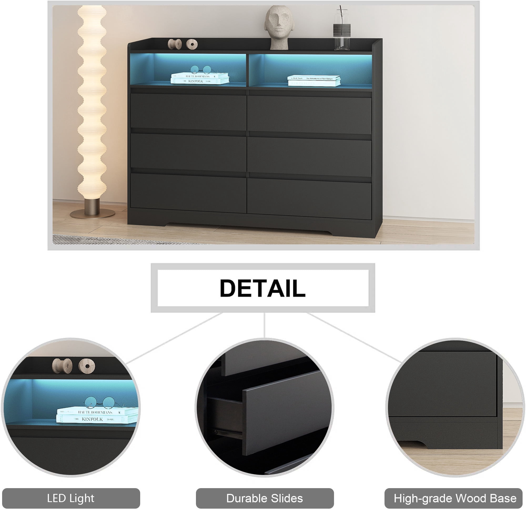 Aukfa Modern 6-Drawer Dresser Storage Buffet Cabinet with LED for Bedroom Living Room, Black
