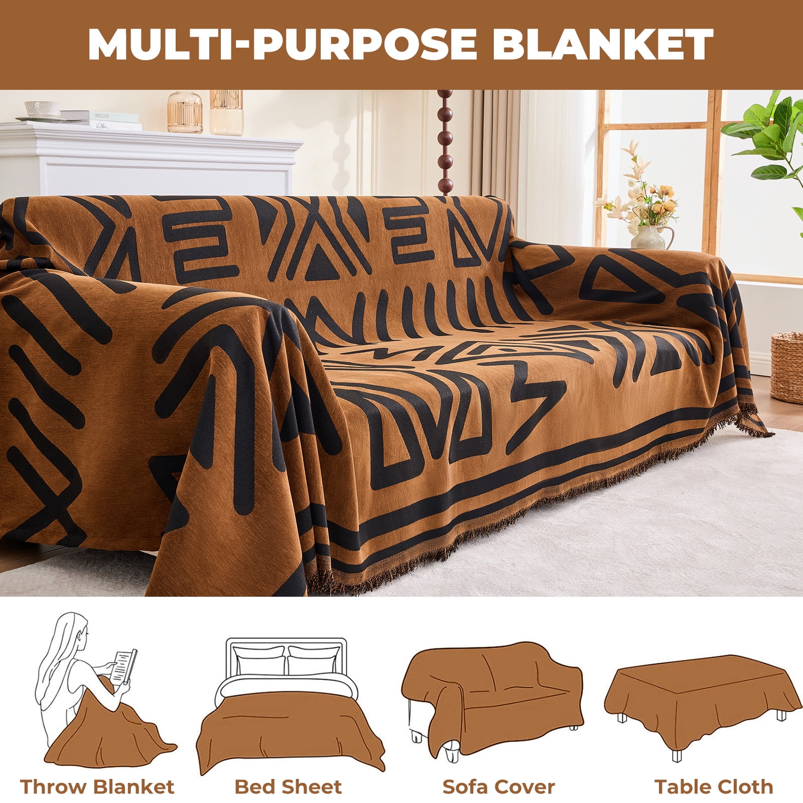 Sanmadrola Boho Sofa Cover Chenille Couch Covers Blanket Furniture Protector for Sectional Sofa, Anti Slip Couch Covers for 2 Cushion Couch, Washable Slipcover for Dog (Dark Brown, 71"x102")