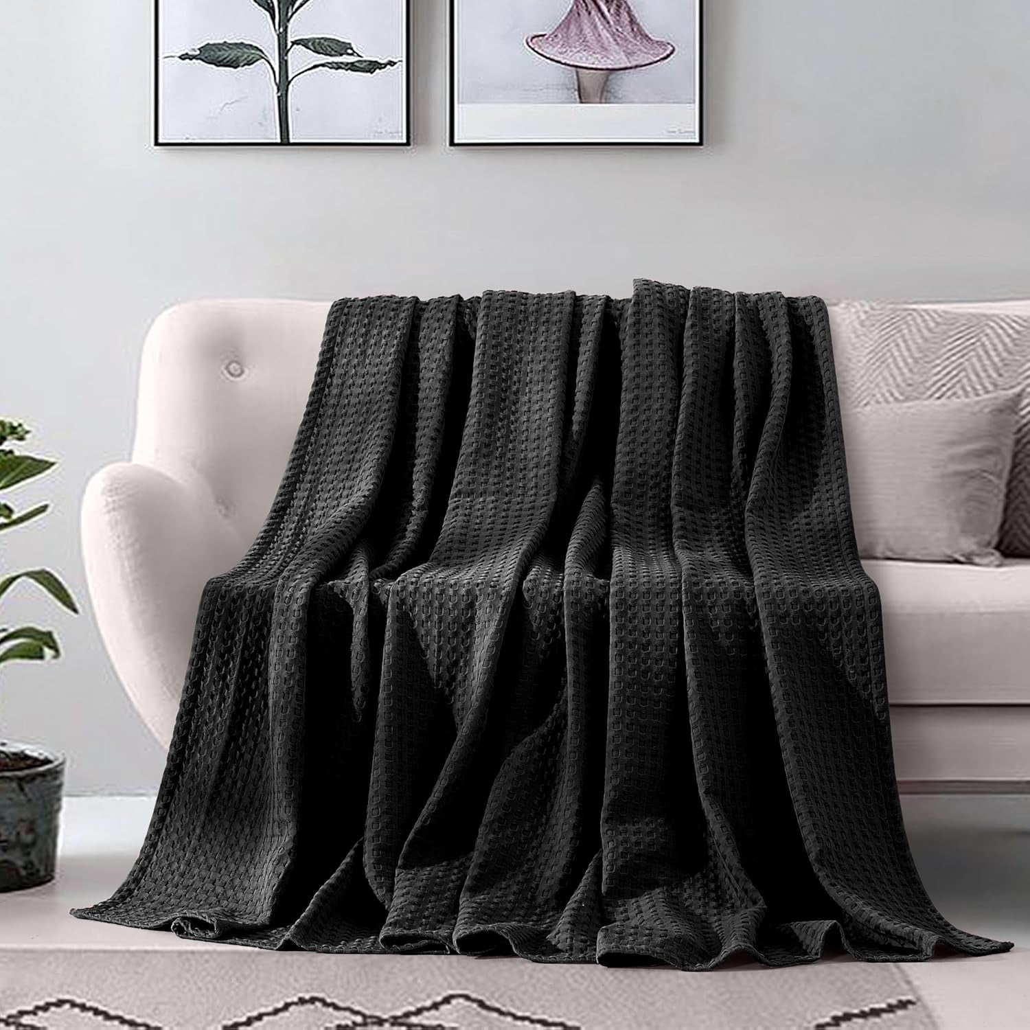 Elegant Comfort Cotton Waffle Blanket, Lightweight All-Season Bed Blanket,Twin Size 68x88 Inches, Black