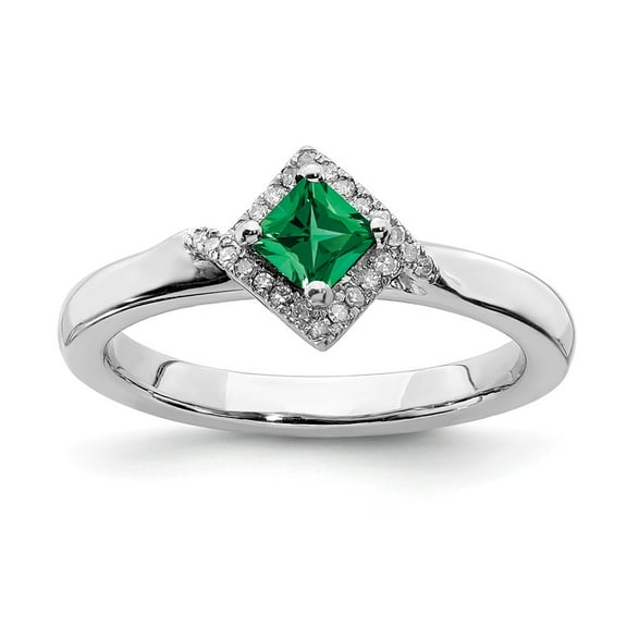 White Sterling Silver Ring Band Stackable Emerald, Lab Created Green Diamond Clear