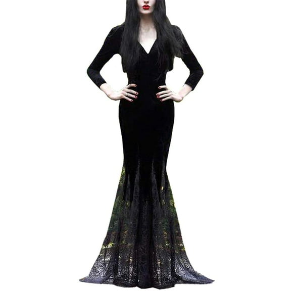 Women Maxi Dress V Collar Black Lace Dress Long Sleeve Party Gown Female Autumn Elegant Vestidos Lapel Rope High Waist Dress (Black, S)