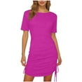 thumbnail image 2 of Gamivast Womens Bodycon Mini Dress Short Sleeve Crew Neck Ruched Drawstring Slim Fit Casual Summer Party Clubwear Stretchy Basic Solid T Shirt Dress, 2 of 7