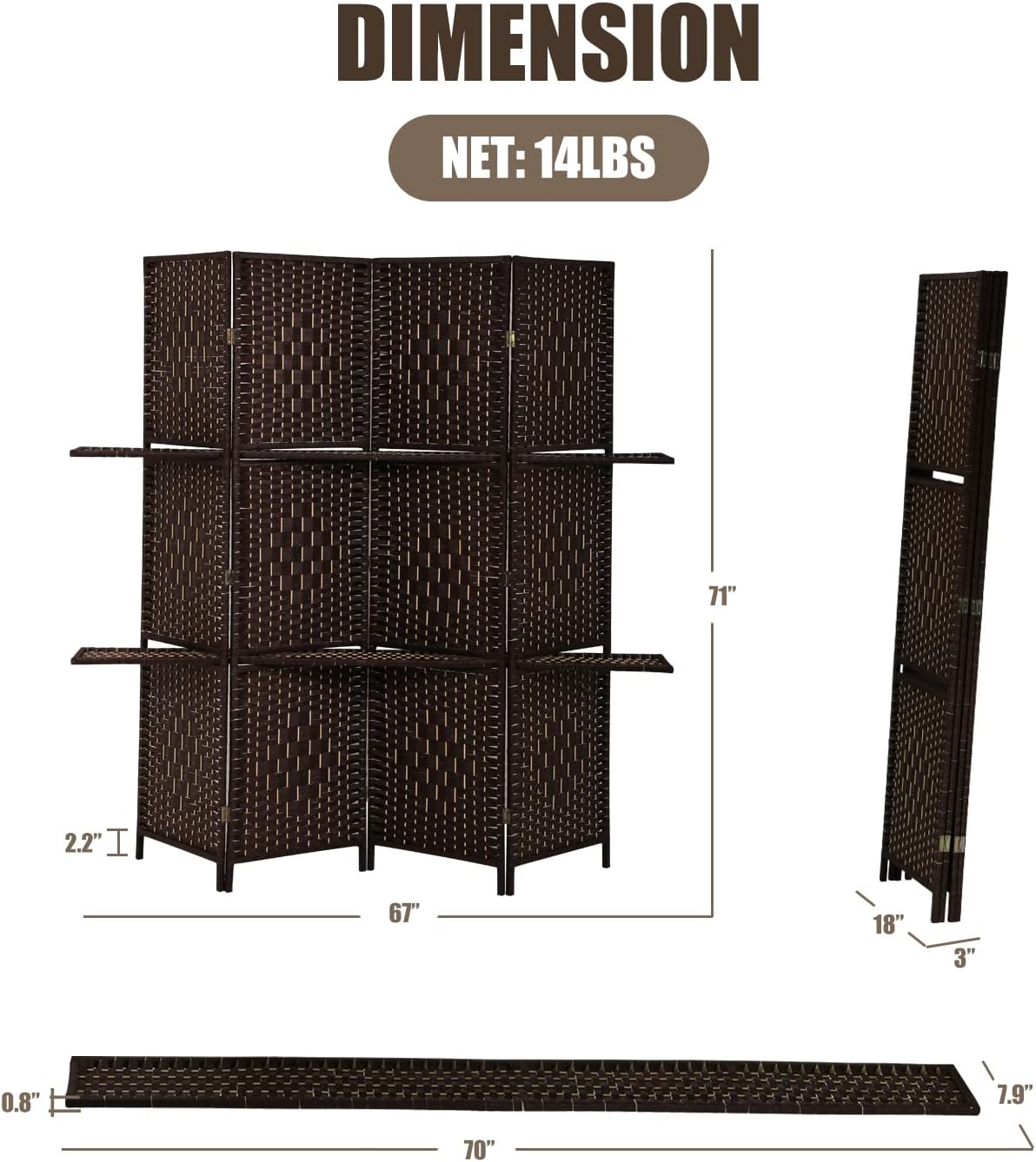 Dkelincs 6ft 4 Panel Wood Room Divider and Folding Privacy Screen with 2 Tier Display Shelves,Brown