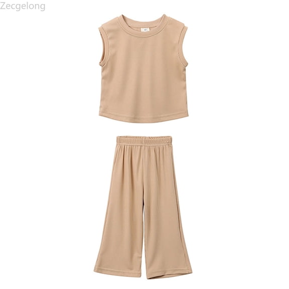 Zecgelong Girls Clothes Summer Solid Knit Sleeveless Shirt Flare Pants Set Toddler Bell Bottoms Outfit Girls 2 Piece Sets Age 2-3 Years