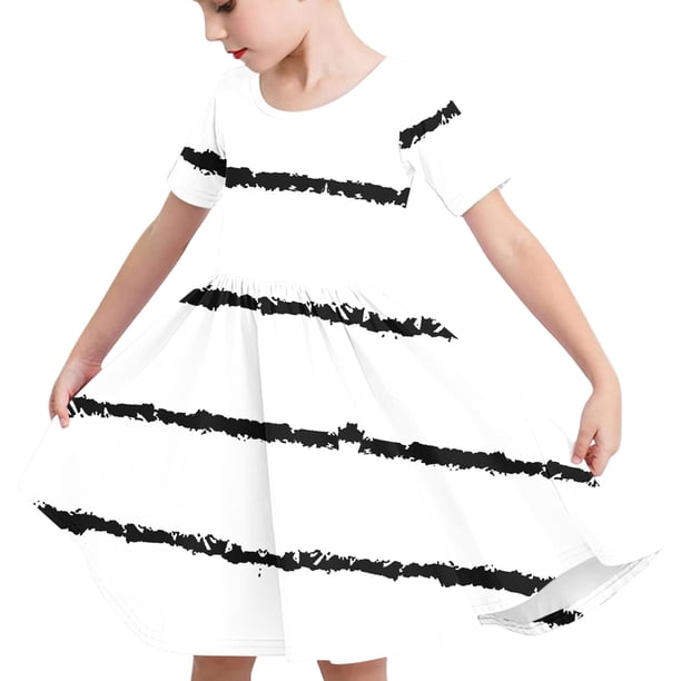 Odeerbi Niñas de Verano Vestido de Línea A Rayas Vestido de Columpio Vestido Elástico de Manga Corta Para Niños