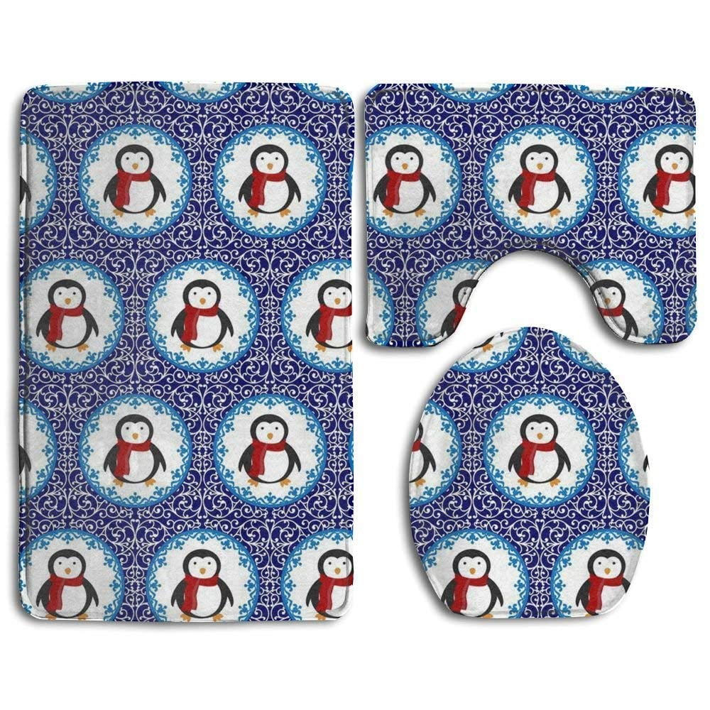 GOHAO Christmas Perfect Penguin 3 Piece Bathroom Rugs Set Bath Rug Contour Mat and Toilet Lid Cover