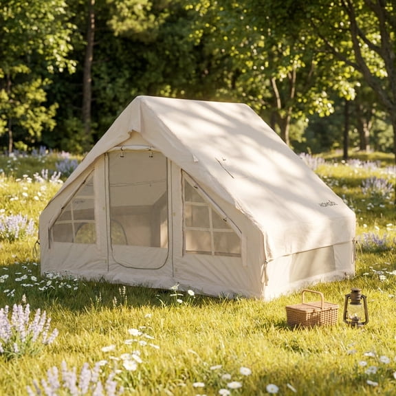 OXYLIFE 9.8 X 6.9Ft Inflatable Tents Air-Pole Tent with Front and Rear Doors, Carry Bag and Pump for Camping,Beige