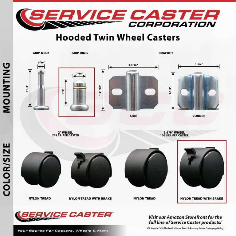 2 3 8 Inch Office Chair Wheels with Brakes Nylon Hooded Twin