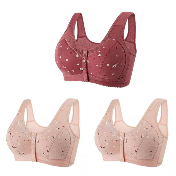 Gswybco 3PC Wireless Bras for Women Plus Size Seamless Bras Wide Shoulder Straps Push Up Bras Print Front Snap Closure Bras