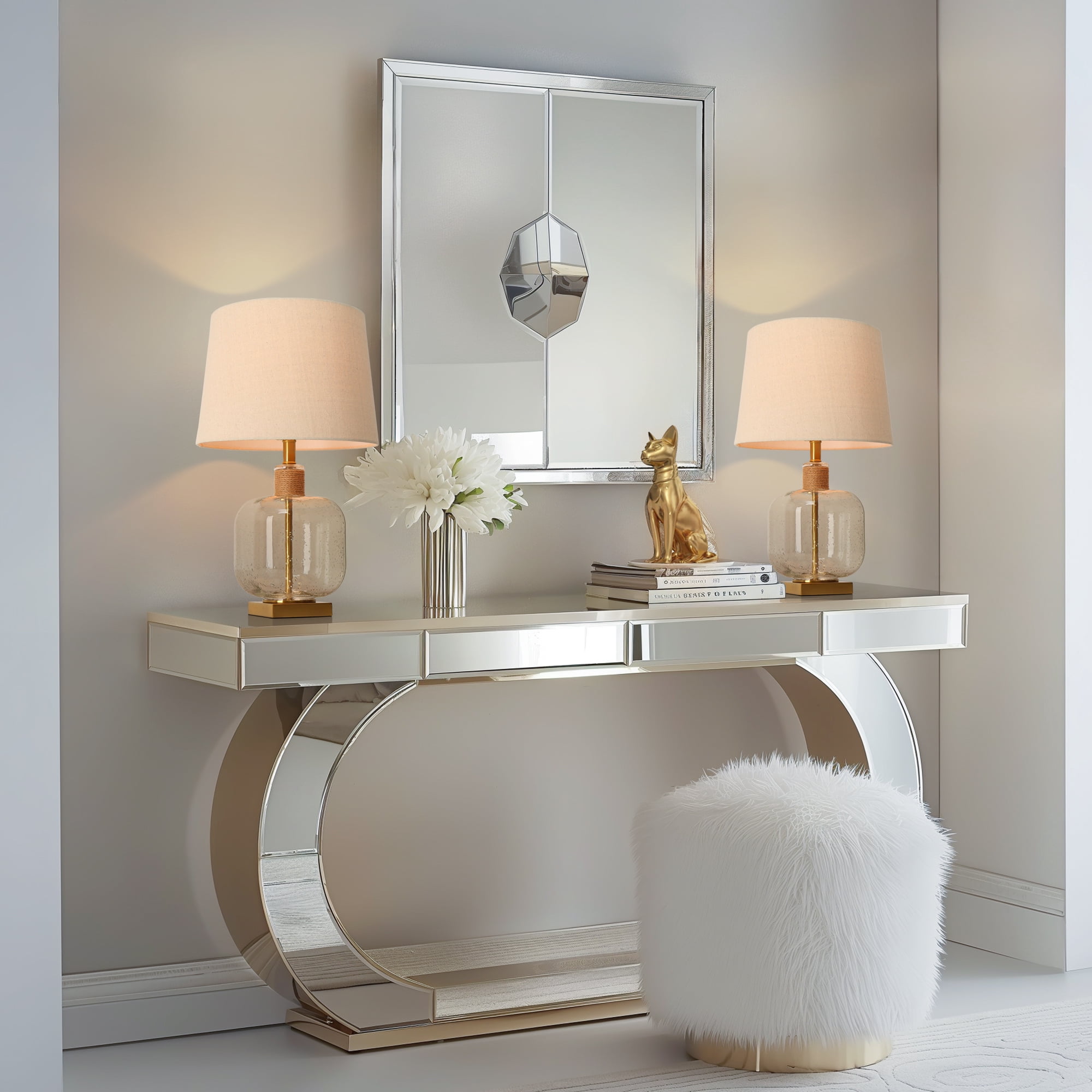 Flabellum 24-in Polished Gold and Seeded Glass LED 3-way Table Lamp with Fabric Shade