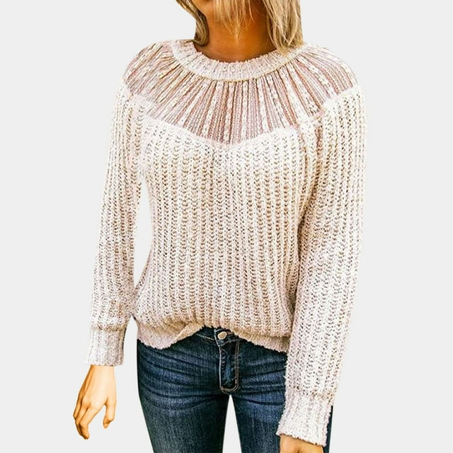 Qertyioot Chandails Tricotés pour Femmes, Mode d'Été Décontractée Ample à Manches Longues Uni en Dentelle Patchwork à Col Rond Blouse Chandail