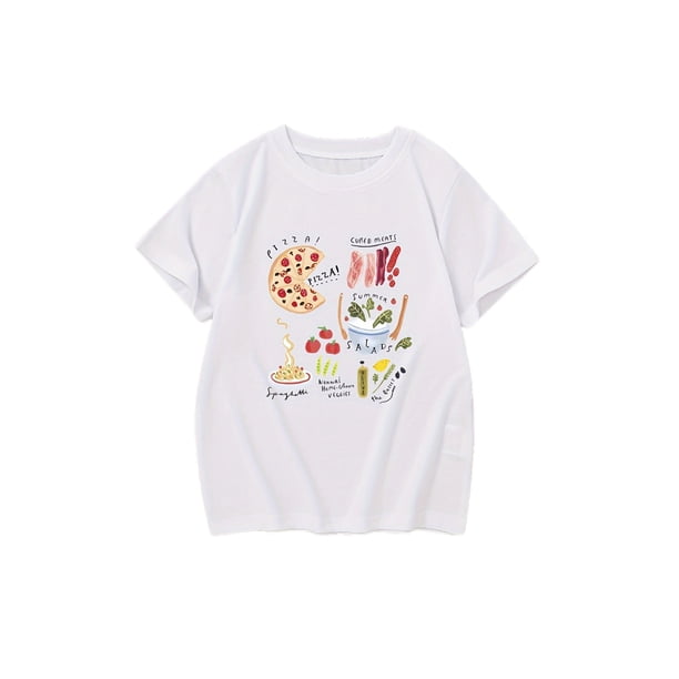 Delicious Food Pattern, Casual Short Sleeve T-shirt For Girls Summer Round Neck for Outdoor Play, Sports & Daily Activities, Cheerful Design | Comfortable Fit