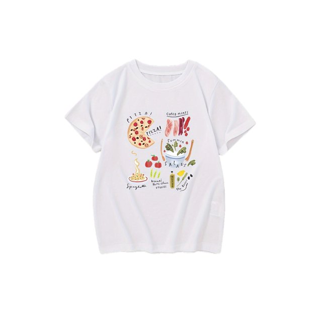 Camiseta informal de manga corta con estampado de comida deliciosa para niñas, cuello redondo, ideal para actividades al aire libre y actividades deportivas diarias. Diseño alegre | Ajuste cómodo.