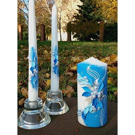 Magik Life Ensemble de Bougies d'Unité pour Mariage - Accessoires de Mariage pour Réception et Cérémonie - Ensembles de Bougies - Bougie d'Unité 6 Pouces Pilier et 2 * 10 Pouces Effilochés - Bleu Royal