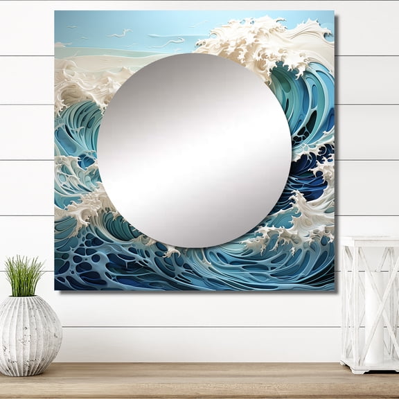 Designart "Waves in Kinetic Blue I" Nautical & Beach Square Mirror For Wall Decor - Large Teal Square Mirror Printed Wall Decor - Coastal Square Living Room Mirror