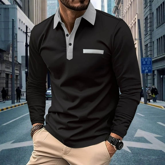 Zylanna Men's Long Sleeve Polo Shirts with Chest Pocket, Solid Turndown Collar Slim Fit Spring Fall Casual Pullover Tops for Man Black
