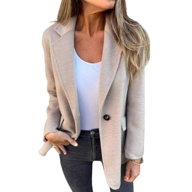Women Solid Color Blazer Wool Blend Causal Business Office Open Front Short Jacket Pea Coat Yellow XXL