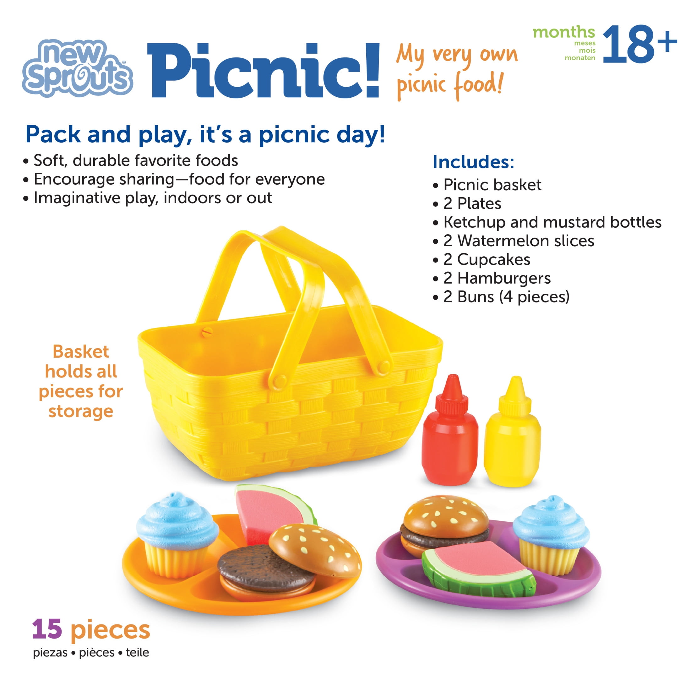 Learning Resources New Sprouts Picnic Set Pretend Play Food for Toddlers, Kitchen Play Toys for Kids Ages 18 Months and Up