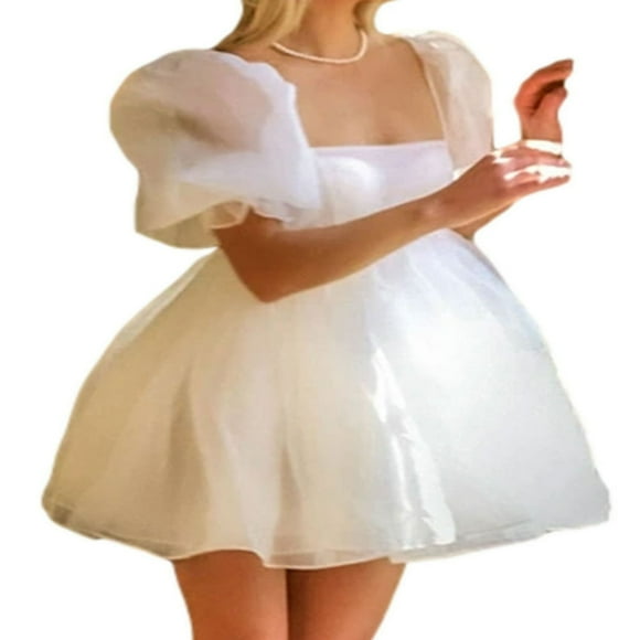 Women Puff Sleeve Tulle Tutu Princess Dress Square Neck Ruffle Mesh Wedding Party Prom Fairy Summer Mini Dres
