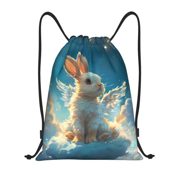 Lsque Cute Angel Winged Rabbit Print Drawstring Backpack Bag Sport Gym Sackpack Cinch Bags Drawstring Bags Draw String Sport Bag-Medium