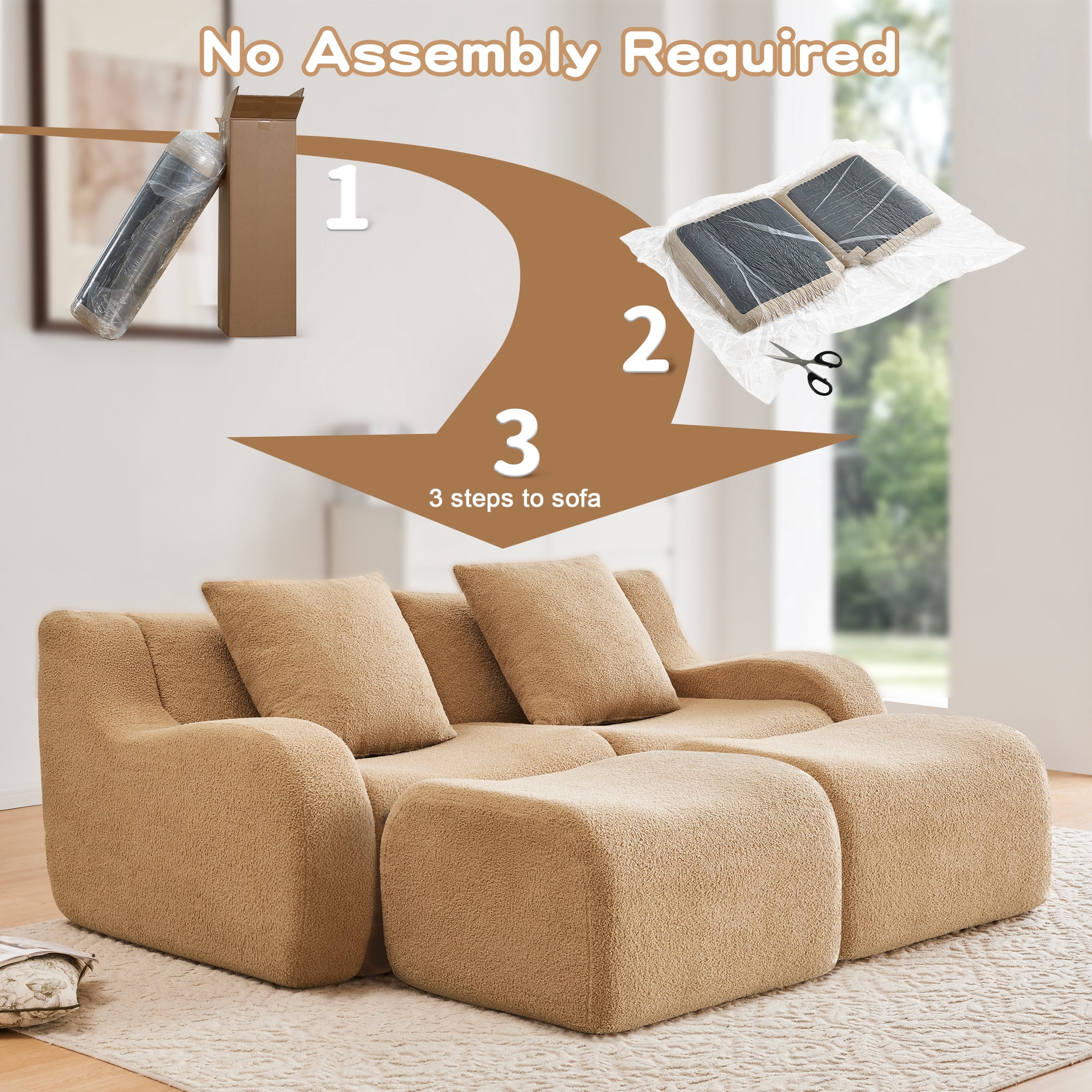 MAYEERTY 82.7" Teddy Fabric L-Shaped Boneless Sofa, Camel 300lbs/seat 32D Foam No Assembly Curved Armrest Couch with Chaise for Living Room Bedroom