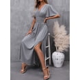 thumbnail image 4 of Grey V-Neck Butterfly Sleeve High Slit Maxi Dress With Belted Waist For Women, 4 of 7