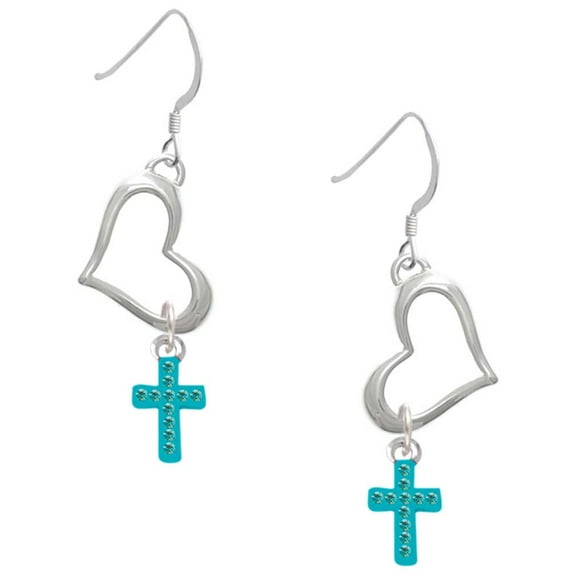 Delight Jewelry Silvertone Small Teal Crystal Cross Open Heart French Earrings