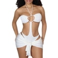 thumbnail image 2 of VISgogo - Conjunto de 2 piezas de verano para mujer, color sólido con recortes y corbata halter + conjunto de minifalda envuelta VISgogo moda, 2 of 9
