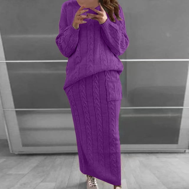 Dvkptbk Chandails pour Femmes Chandail à Col Rond pour Femmes à Manches Longues Pantalon à Jambe Grand Fente de Couleur Coupe Ample Ensemble de Chandail à la Mode Vêtements en Liquidation