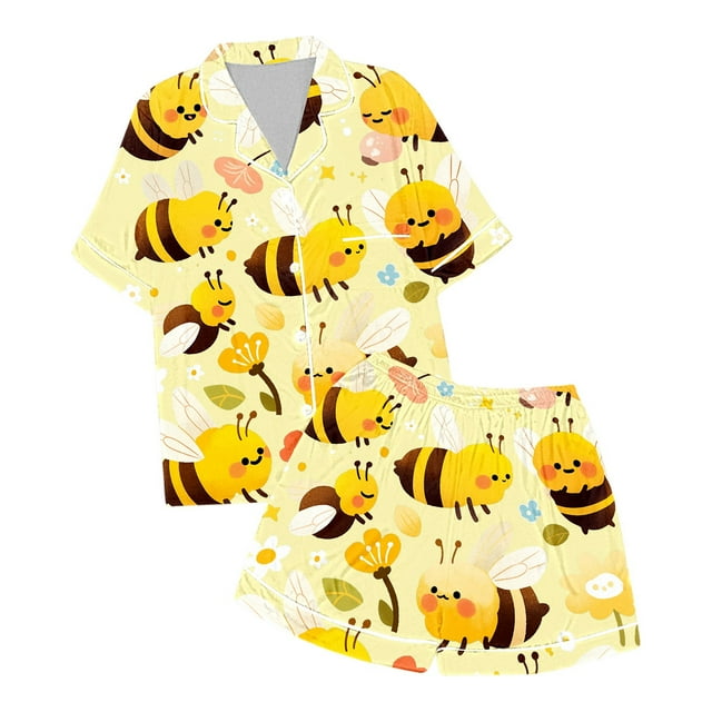 SXcggal One Girls' Festival Printed Silk Imitation Pajama Short Sleeve Set Cute Cozy Lightweight Children Clothing Set