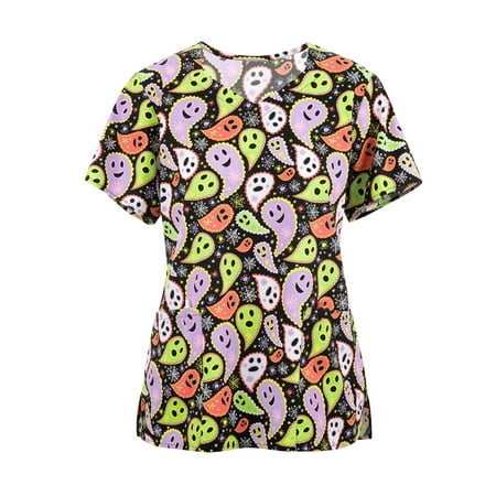 

RPVATI Work Scrubs For Women Shirts Short Sleeve Ghost Nurses Tops for Womens Plus Size Holiday with Pockets Vintage Shirts V Neck Halloween Women s Work Blouses for Office Clearance Green XL