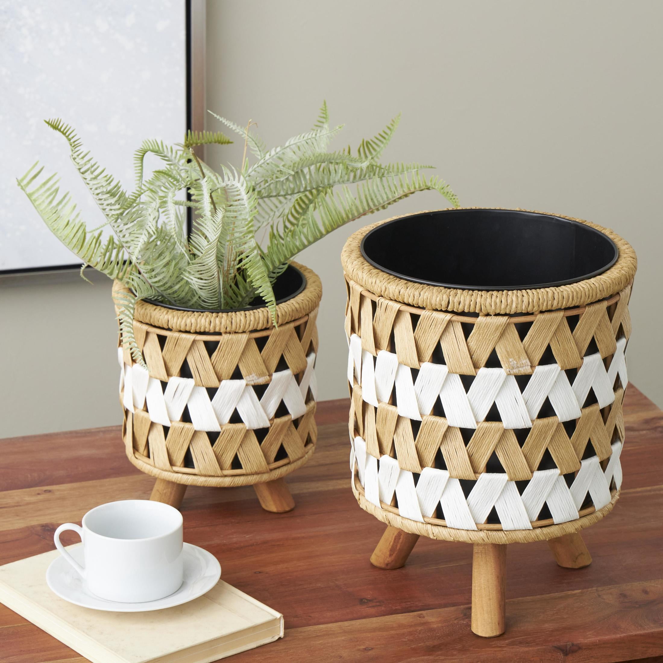 DecMode 13", 9"H Handmade Woven Chevron Brown Jute Rope Geometric Planter with Wooden Legs (2 Count)