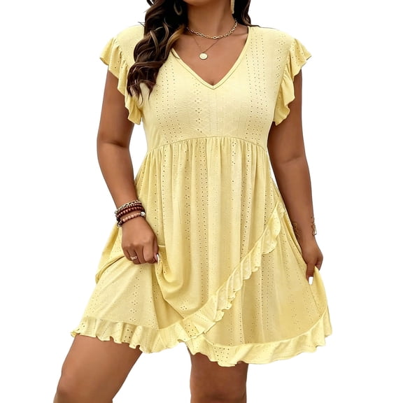 LIaqionyy Women's Plus Size Dress Hollow out V Neck Ruffle Sleeve Dresses A Line Flowy Summer Vacation Sundress