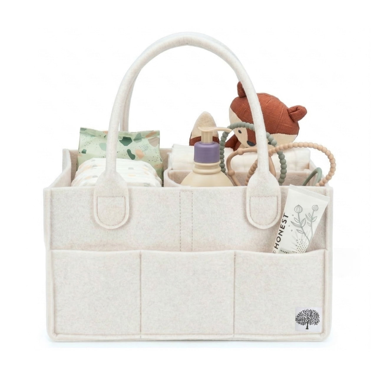 Parker Baby Felt Diaper Caddy Organizer, Portable Nursery Storage Bin with Handles, 3 Compartments & 8 Pockets, Baby Essentials Organizer, White