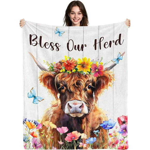 Couverture Imprimée Vache Highland, Couverture Vaches 50 x 60 Pouces, Cadeau Vache Highland pour Fille, Cadeau pour Amatrice de Vaches, Cadeaux Vache Highland pour Femmes, Bénis Notre Troupeau, Jeté Vache à Fleurs