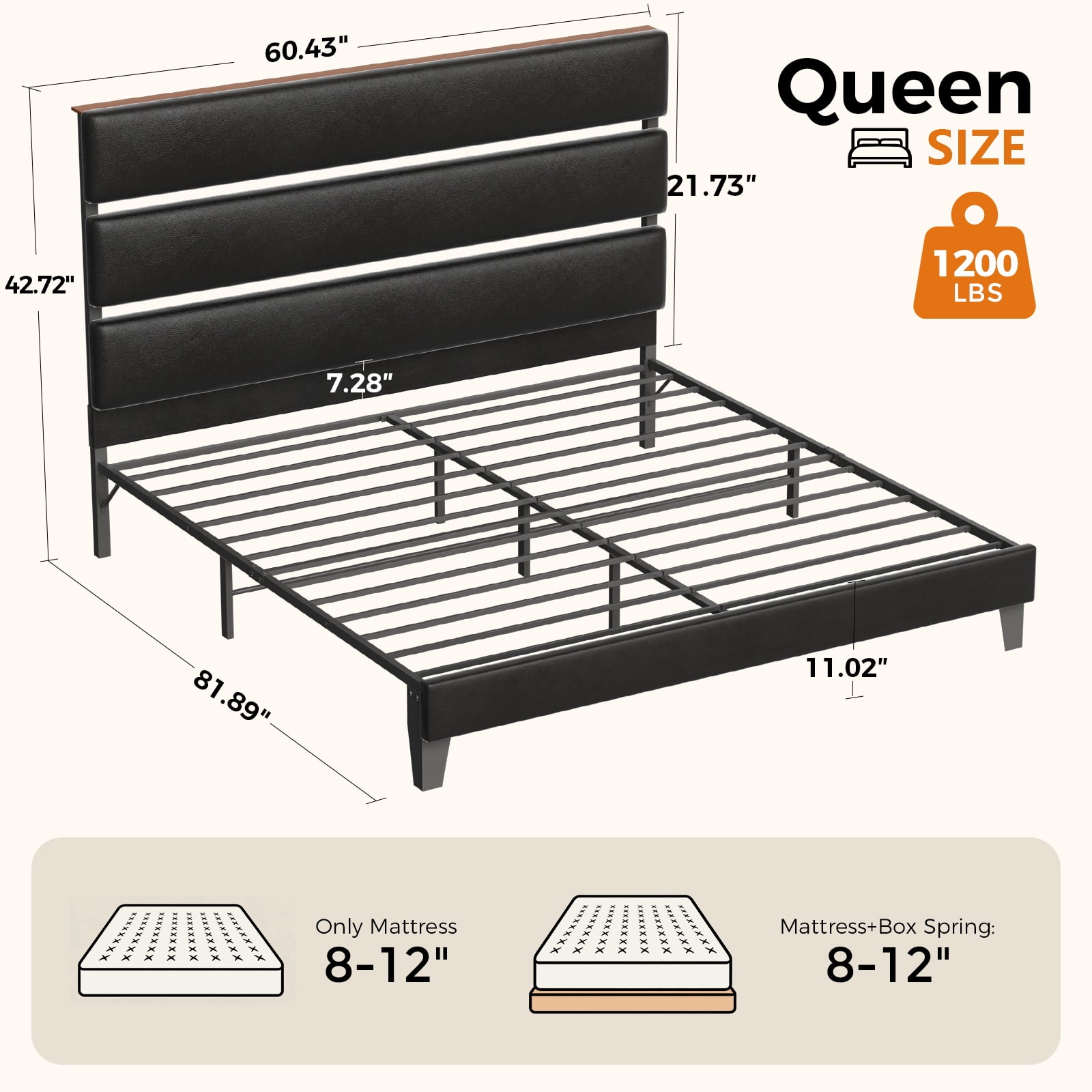 LUCKLIFE Queen Metal Bed Frame with Pu Upholstered Headboard, No Box Spring Needed Noise Free, Black